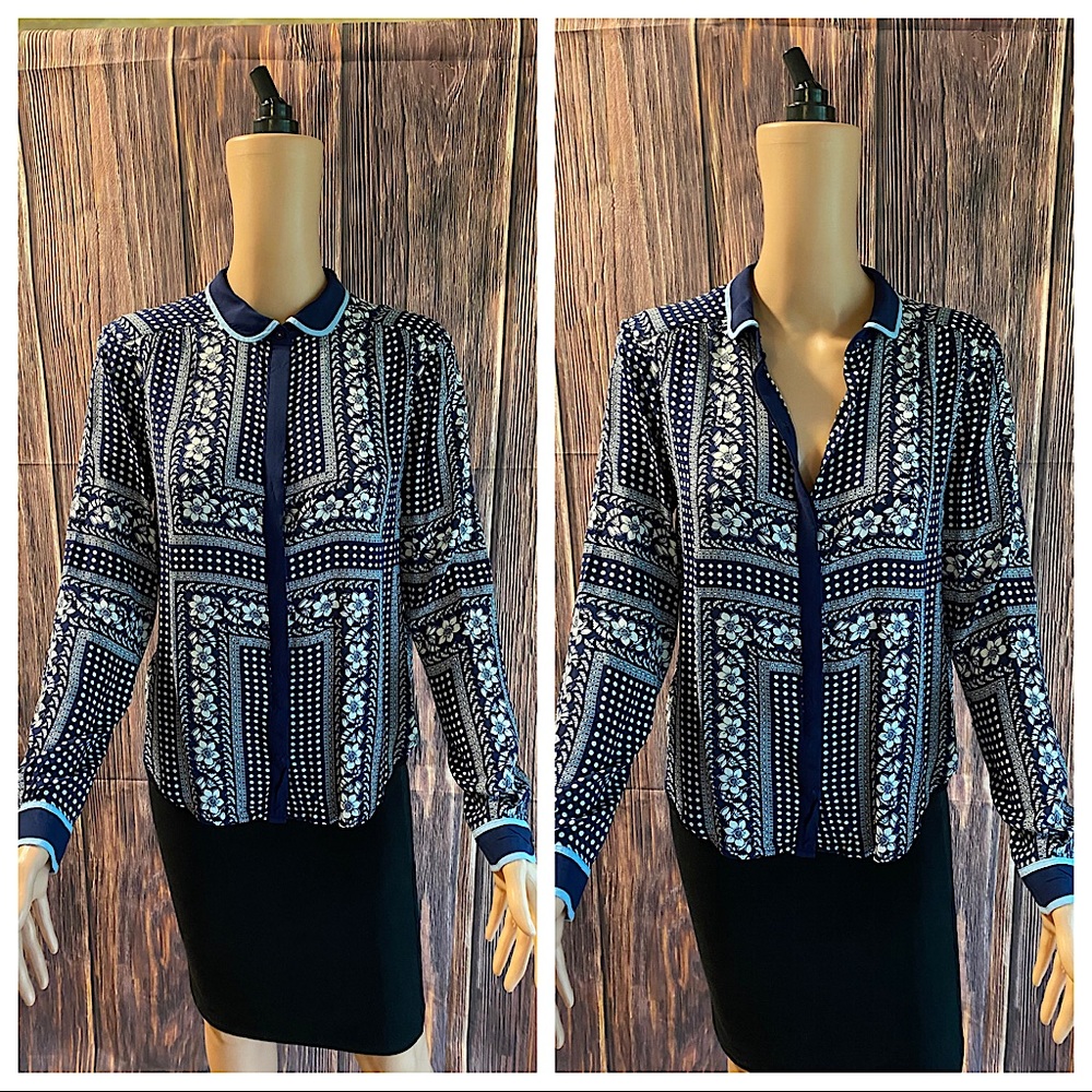 Anthropologie Maeve size 6 navy & light blue & white floral button down blouse